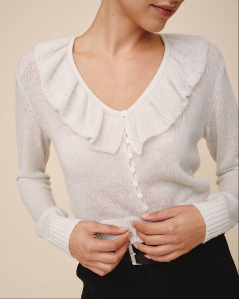 V Neck Ruffle Cardigan - Icy White – Bella Dahl