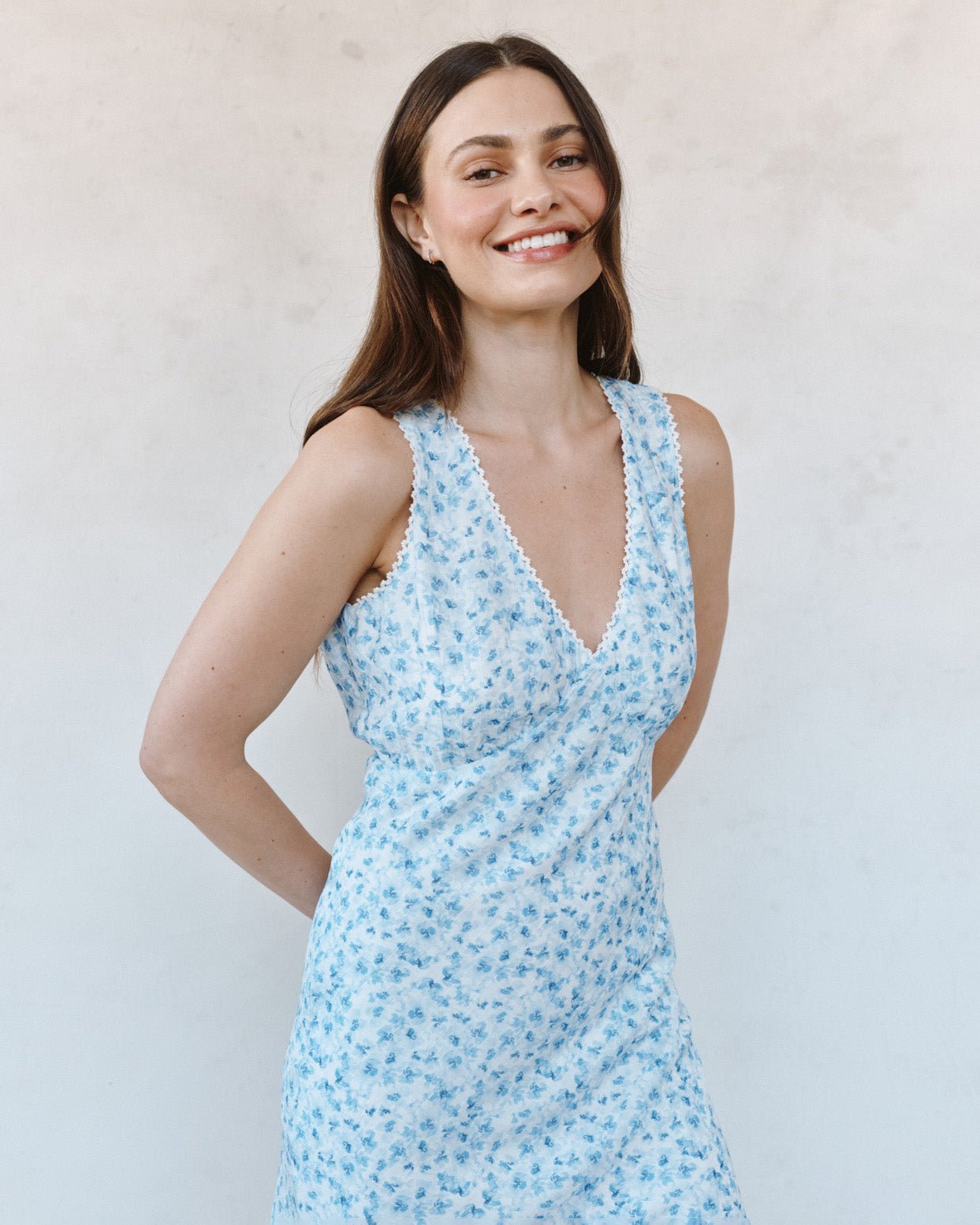 Bella DahlV - Neck Tie Back Bias Maxi Dress - Blue Ditsy Floral PrintDresses