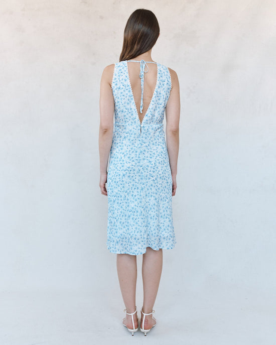 Bella Dahl V-Neck Tie Back Bias Midi Dress - Blue Ditsy Floral Print View 2