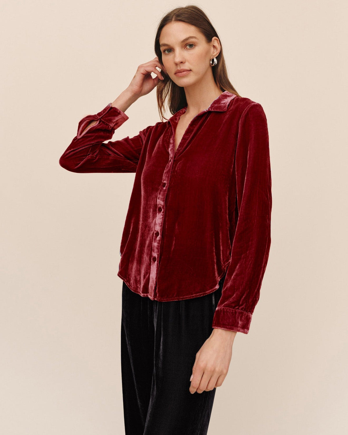 Bella DahlVelvet Long Sleeve Clean Shirt - BordeauxTops
