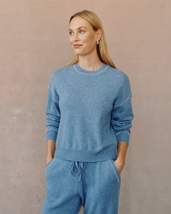 Bella Dahl Whip Stitched Crew Neck Sweater - Heather Blue View 2