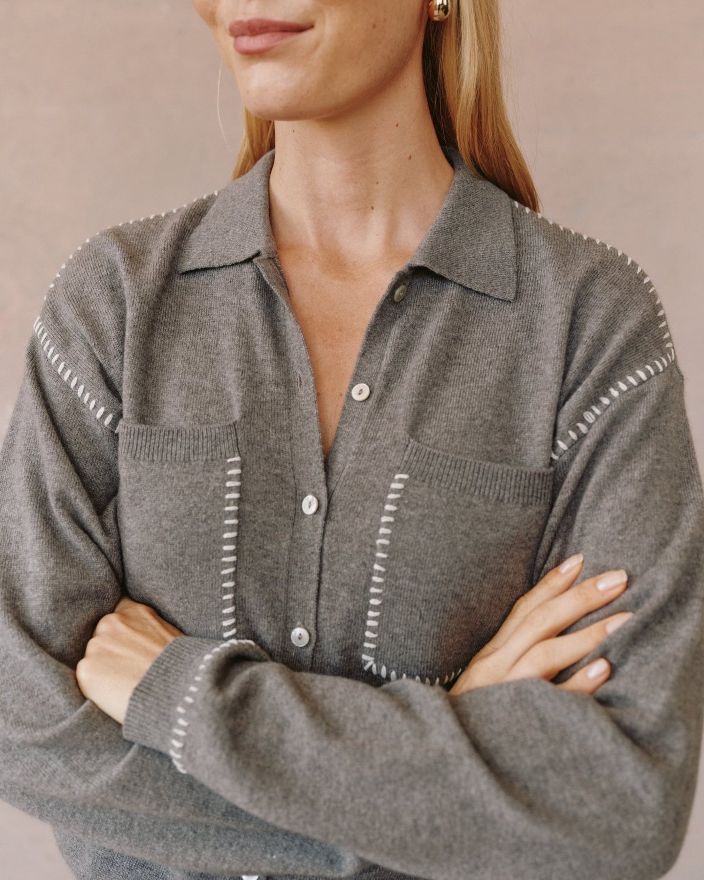 Bella DahlWhip Stitched Pocket Button Sweater - Heather SmokeSweaters