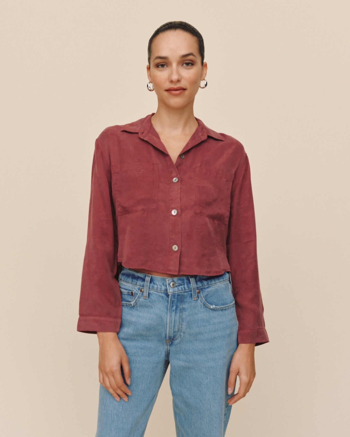 Bella DahlWide Hem Cropped Button Down - Ruby DuskTops