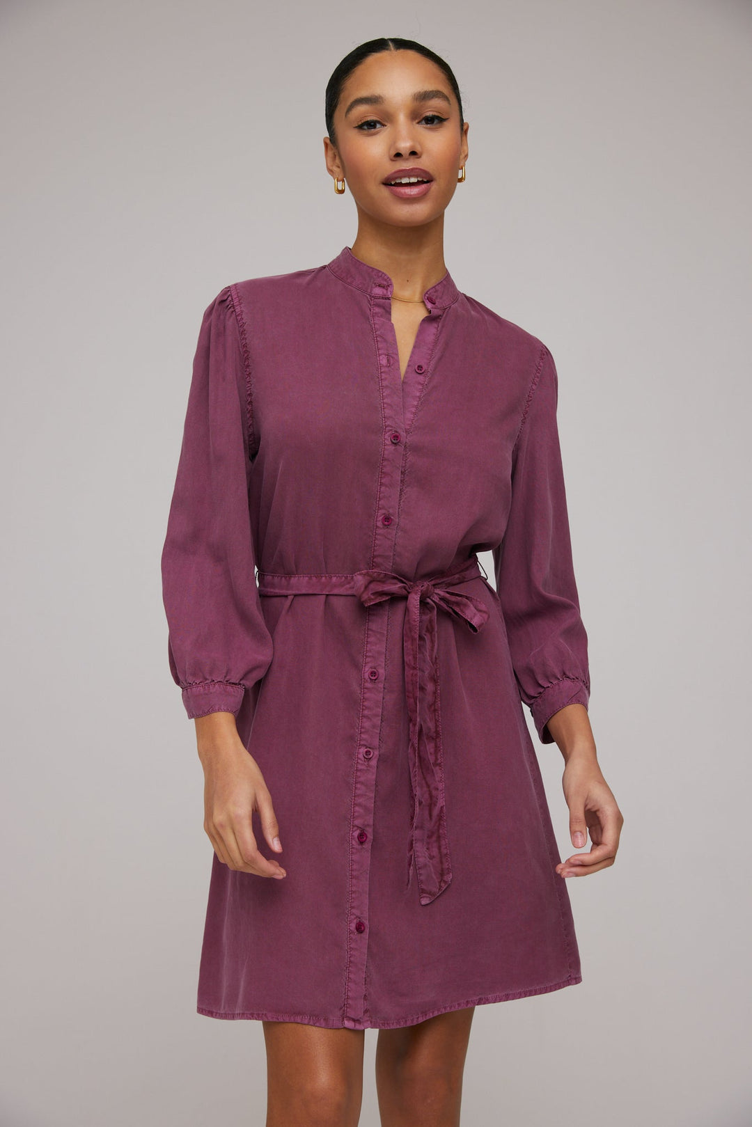 Puff Sleeve Belted Shirt Dress - Purple Berry - PURPLE BERRY / XS