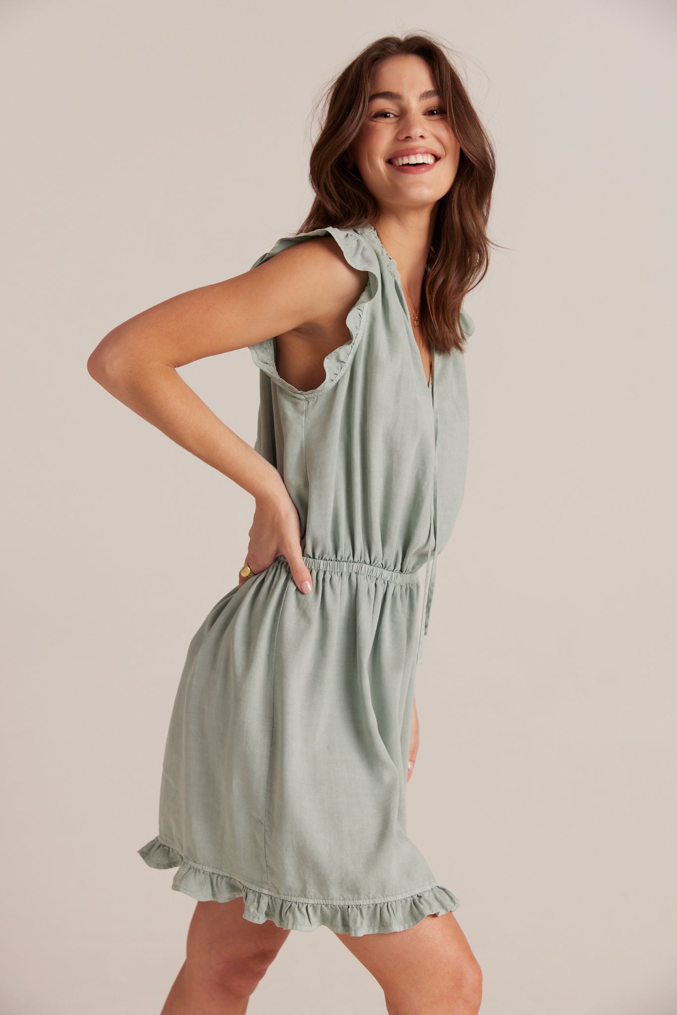 Bella DahlRuffle Sleeve Mini Dress - Oasis GreenDresses