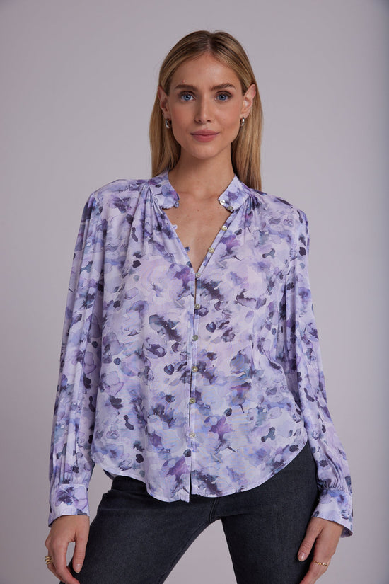 Bella DahlShirred Button Up Blouse - Lilac Floret PrintTops