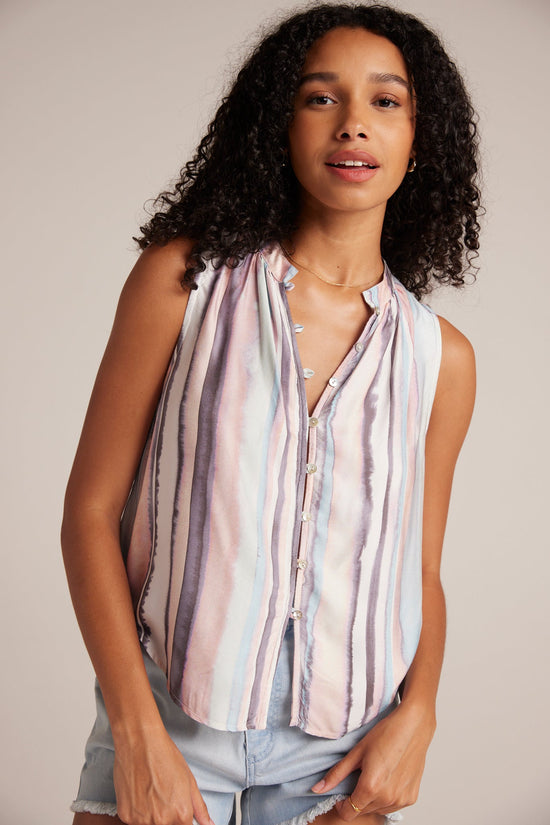 Bella DahlSleeveless Shirred Shoulder Blouse -Coastal Stripe PrintTops