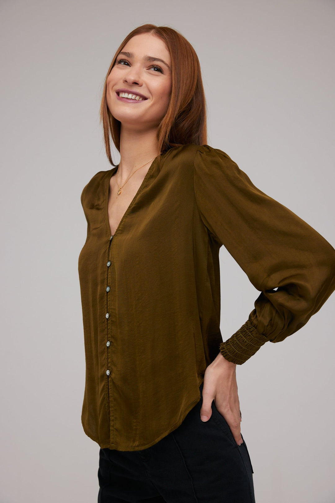 Smocked Cuff Button Down - Willow Green - WILLOW GREEN / XS