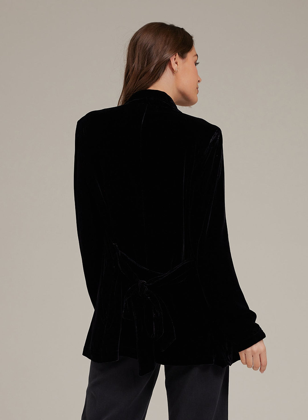 Velvet Notch Collar Belted Blazer - Black - BLACK / XS